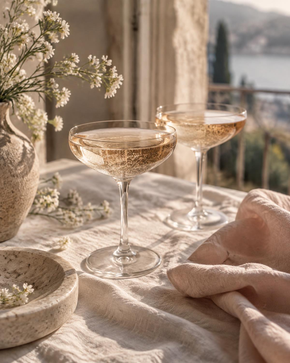 Champagne coupes in warm natural light