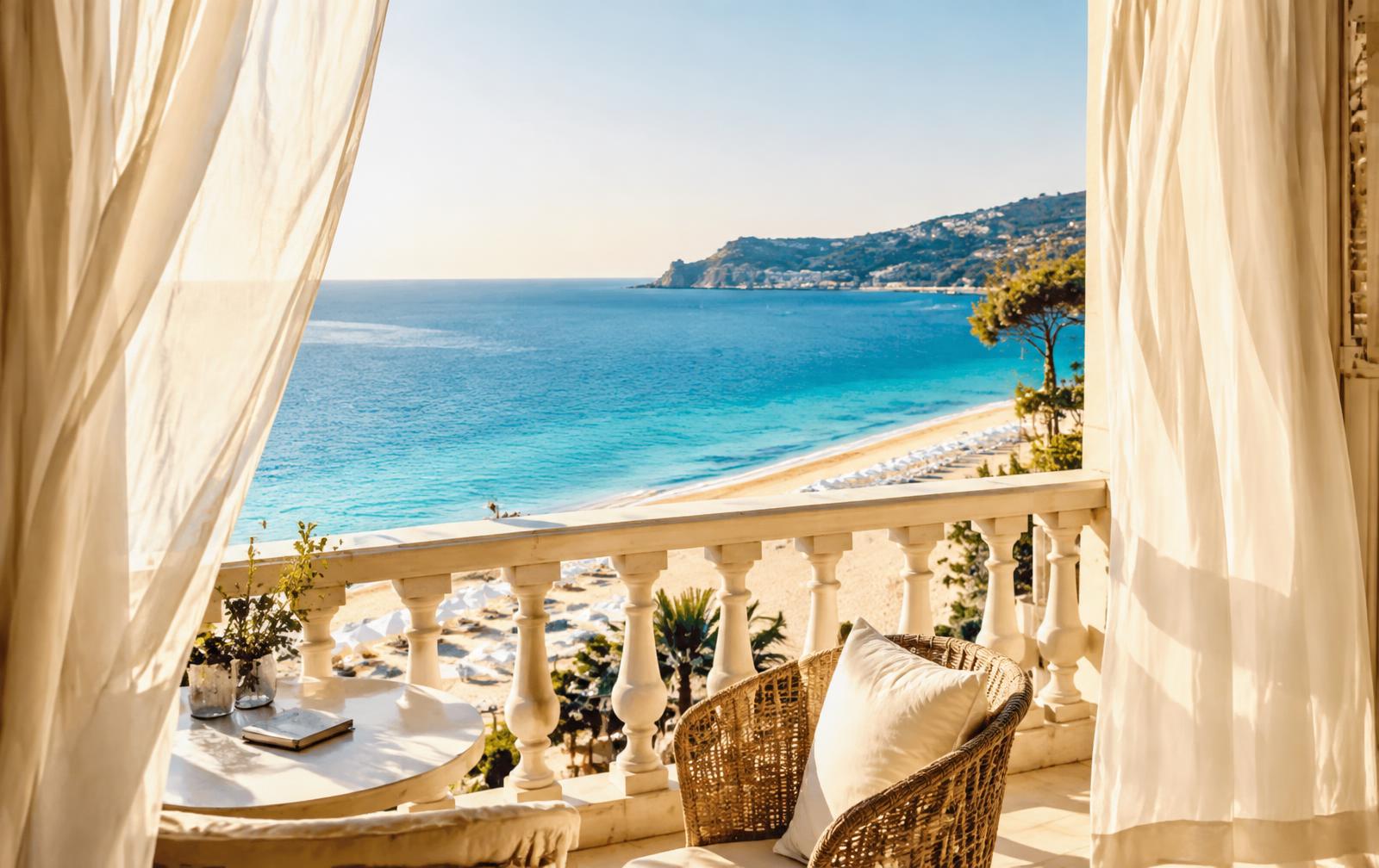 A sunlit hotel balcony overlooking a calm Mediterranean beach